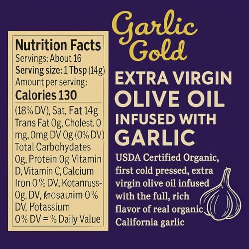 Garlic Gold Extra Virgin Olive Oil Infused with Garlic, Premium Certified USDA Organic, Low FODMAP, Cold Pressed (8.44 Fl Oz)