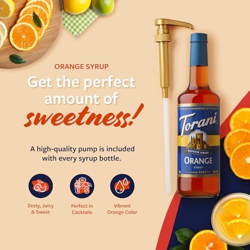 Torani Sugar Free Syrup, Orange Flavoring for Drinks, Zero Calorie, Glass Bottle with Pump Included, 25.4 Fl Oz