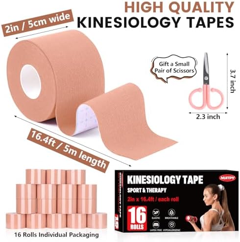 16 Rolls Kinesiology Tape, 2 inch x 16.4 Feet Waterproof Athletic Tape, Uncut Kinetic Tape, Elastic Muscle Tape, Sports Tape, Knee Tape for Exercise and Daily Use - Skin Color