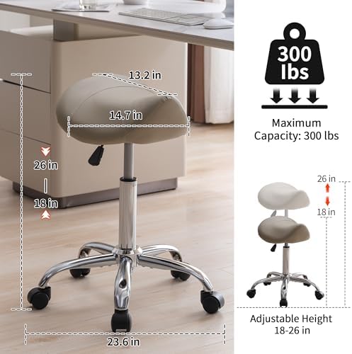 Saddle Stool, Swivel Saddle Stool with Wheels, Adjustable Rolling Stool 18"-26", Faux Leather Rolling Stool for Salon, Massage, Clinic, Lab, Office (Light Grey, 1PCS (18"-26"))