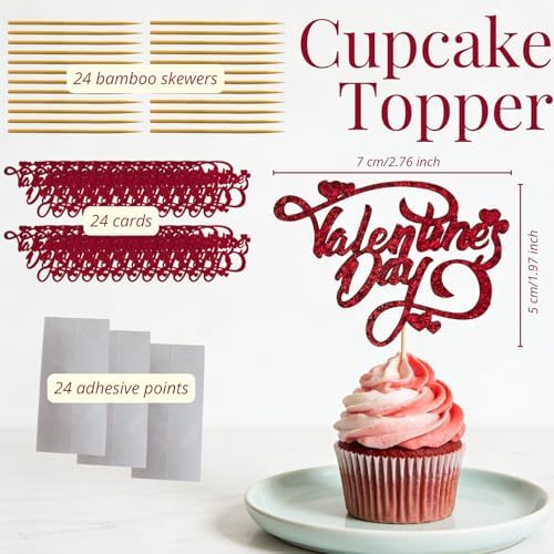 Valentine's Day Cupcake Toppers, 24-Pack Gold Glitter Party Decorations for Baking, Happy Valentine's Day Cupcake Wrappers with Picks for Party Supplies, Anniversary, Wedding, Romantic Holiday Decor
