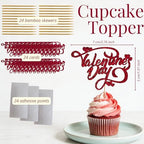 Valentine's Day Cupcake Toppers, 24-Pack Gold Glitter Party Decorations for Baking, Happy Valentine's Day Cupcake Wrappers with Picks for Party Supplies, Anniversary, Wedding, Romantic Holiday Decor