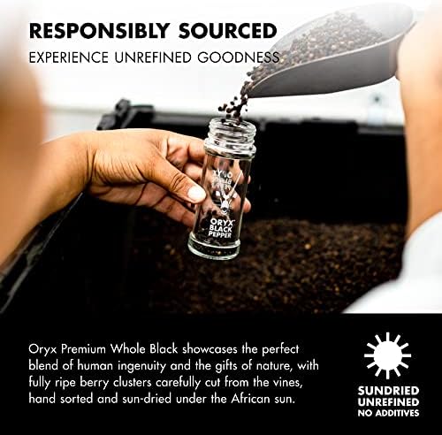 Oryx Black Pepper Grinder - 1.26oz - Manual Refillable Grinder with Premium Whole Black Peppercorns from Madagascar - Perfect for Home Cooking & Gourmet Meals - refillable reusable +20x grinder head