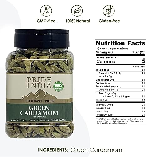 Pride of India Green Cardamom Whole 6 oz | Elaichi Pods for Sweet & Savoury Dishes | Bold & Intensely Aromatic Indian Spice for Curry, Biryani, Masala Tea, Baking, Drinks & Desserts