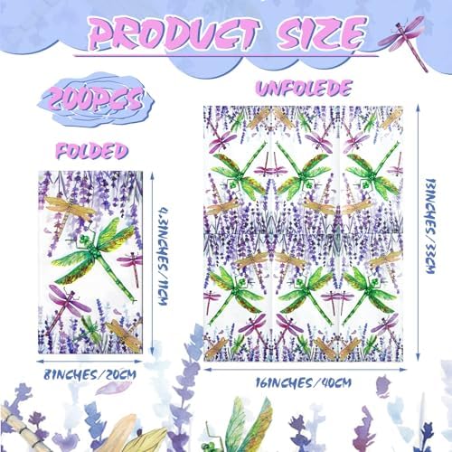 200 Pcs Dragonfly Napkins 2 Ply Summer Purple Flower Dragonfly Disposable Guest Towels for Bathroom Decorative Floral Paper Hand Towels for Dinner Holiday Party Supplies Wildflower Party Decorations