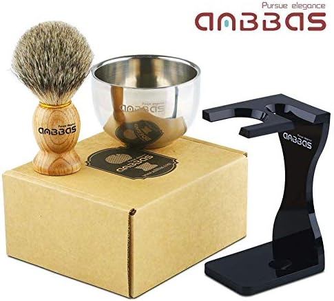Anbbas Pure Badger Shaving Brush with Wood Handle and Shaving Bowl 2 Layers Stainless Steel,Black Acrylic Thicken Shaving Stand for DE Razor