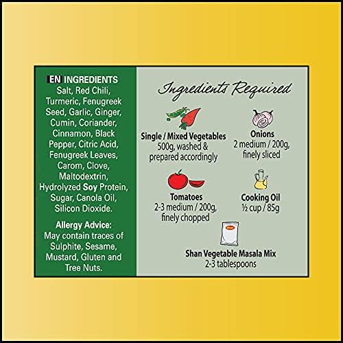 Shan Vegetable Masala Recipe and Seasoning Mix 3.52 oz (100g) - Spice Powder for Spicy Vegetable Curry - Suitable for Vegetarians - Airtight Bag in a Box