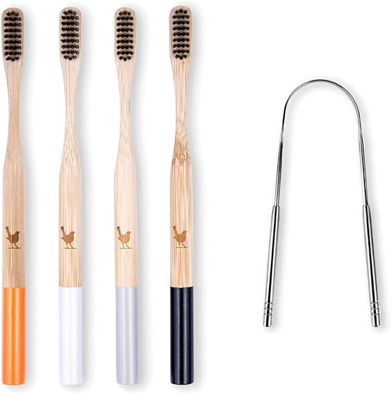 Bamboo Toothbrush with Soft Charcoal Infused Bristles, New Set of 4 Eco Friendly Toothbrushes, BPA Free and Tongue Scraper