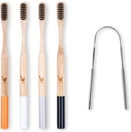Bamboo Toothbrush with Soft Charcoal Infused Bristles, New Set of 4 Eco Friendly Toothbrushes, BPA Free and Tongue Scraper