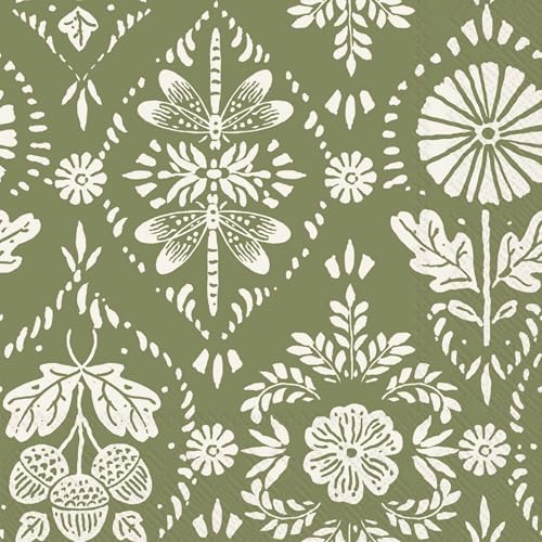 IHR Ideal Home Range Lunch Napkins Disposable 3-Ply Paper Party Supplies, 6.5" x 6.5", Floral Ornament Green, 20-Count