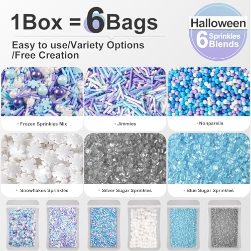 HUEBEATY® 6-in-1 Frozen Snowflakes Sprinkles for Cake Decorating- 180g Winter Cake Sprinkles with Jimmies, Nonpareils, Blue & Silver Sugar, Edible Frozen Cake, Cupcake Toppers & Birthday Decorations for Cakes, Cupcakes, Cookies & Icecream