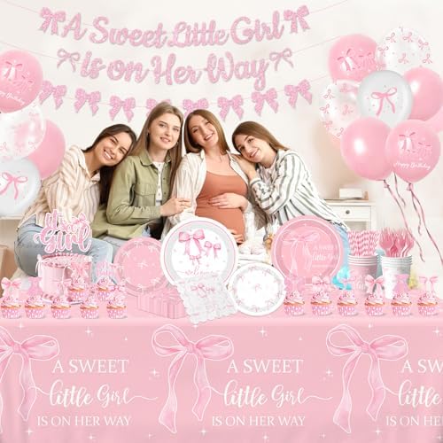 Pink Bow Baby Shower Decorations for Girl,Pink Bow Birthday Party Supplies Include Bow Plate,Napkin,Banner,Cake Topper,Balloons Welcome Baby Girl Decorations for Coquette Bow Party Serves 25