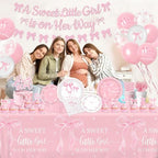 Pink Bow Baby Shower Decorations for Girl,Pink Bow Birthday Party Supplies Include Bow Plate,Napkin,Banner,Cake Topper,Balloons Welcome Baby Girl Decorations for Coquette Bow Party Serves 25