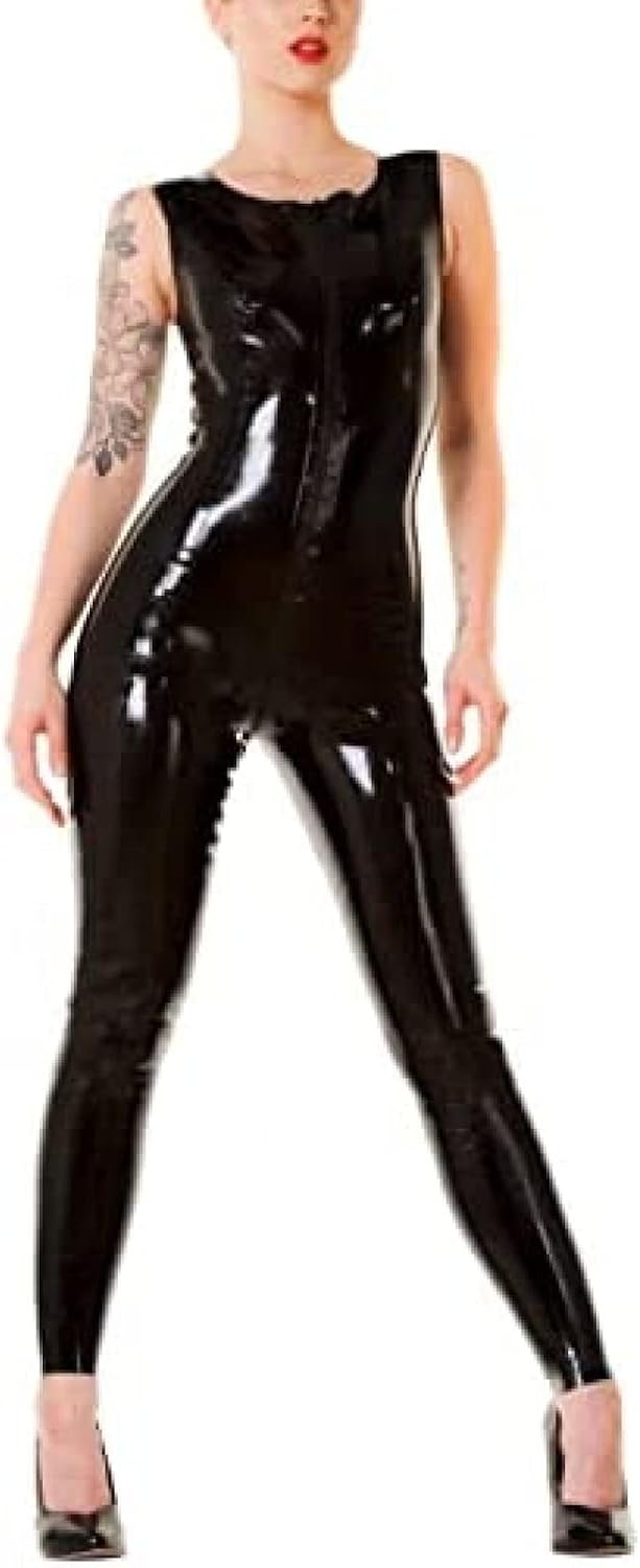 Neck Entry Rubber Latex Sleeveless Crew Neck Catsuit with Crotch Zip Only, Black, Black,XL