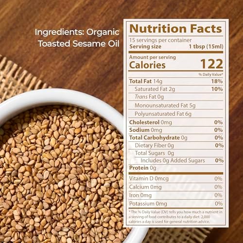 Kevala Organic Toasted Sesame Oil - Cold Pressed and Unrefined Oil for Daily Cooking and Baking, Made with Top Selection Roasted Sesame Seeds, Great for Stir-Fry Vegetables, 8 oz Glass Bottle