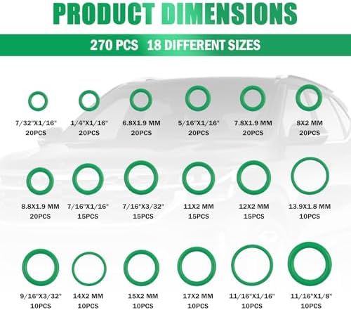 270PCS 18 Sizes AC O Ring Kit,Oil Resistant Car Rubber O Ring Assortment Kit for Sealing Car AC Compressor,Professional ACS Gasket Kits Cars Accessories with Box