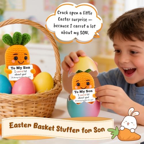 FEFAMM Easter Basket Stuffers for Teens Boys, Easter Gifts for Son Teens, Birthday Gifts for Son from Mom Dad, Handmade Crochet Carrot Graduation Fathers Day Gift for Sons Cute Carrot