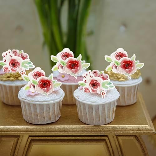 60 PCS Edible Red Rose Cupcake Toppers Wafer Paper Valentine's Day Cupcake Picks Edible Rose Flower Cake Decorations for Roses Theme Wedding Engagement Valentine's Day Birthday Party Supplies Red