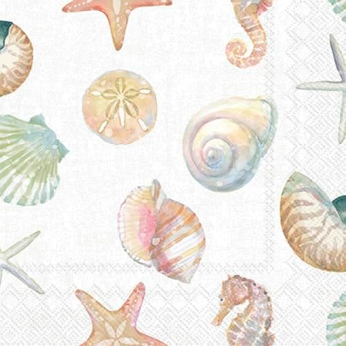 IHR Ideal Home Range Party Napkins Disposable 3-Ply Paper Lunch Napkin Pack, 6.5" x 6.5", Watercolor Coast Sealife, 20-Count