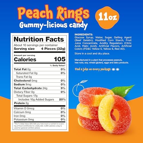 Peach Rings - 11 Ounce Pack - Gummy Candies - Sugar Coated Sweet & Sour Candy - Peach Gummies for Snacking, Sharing, Office Jars & Gift Baskets - Soft Gummy Rings