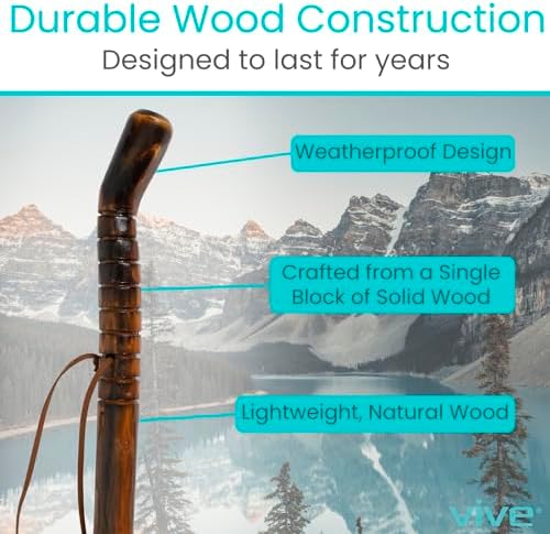 Vive Wooden Walking Stick for Hiking - Balance & Hiking Staff - Wood Walking Stick for Men, Women, Seniors - Strong, Non-Slip Wood Cane for Stability - Handcrafted, Waterproof, Leather Wrist Strap