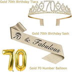 70th Birthday Decorations for Women Gold with 70th Birthday Sash and Tiara, Cake Topper and Candles, Number Balloons, 70 Year Old Gifts for Women