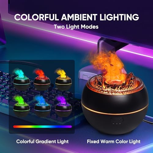 YALEDI Essential Oil Diffuser, Volcano Fire Flame Aromatherapy Diffuser, 360ml Ultrasonic Cool Mist Humidifier, Scent Aroma Diffuser with 7 Colors Light, Timer & Auto Shut-Off for Home, Room (Black)