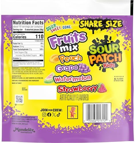 SOUR PATCH KIDS Fruits Mix Soft & Chewy Gummy Candy, Share Size, 11.03 oz
