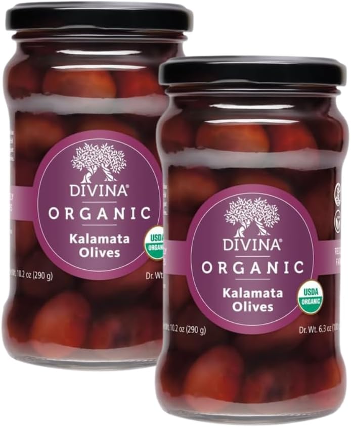 DIVINA Organic Whole Kalamata Olives in Jar, 10.2 oz (2-Pack)