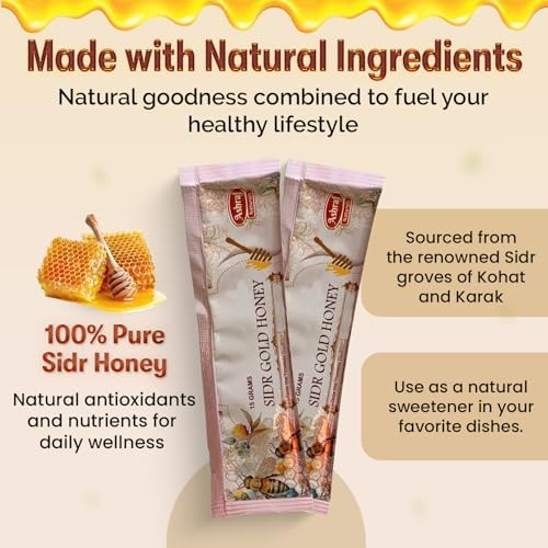Ashraf Naturals Sidr Gold Honey Sticks – Raw Unfiltered Mountain Sidr Honey, Single-Origin Himalayan Honey, Gluten-Free (20 x 15 g)