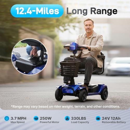Hoverfly T4 Mobility Scooter for Seniors, Max 12.4-Mile Range & 3.7 mph, 3-Position Seat & Anti-slip Rear Wheel, Removed Battery&Quick Fold Design, Solid 9" Tire&330 lb Capacity, Ease of Assembly Blue
