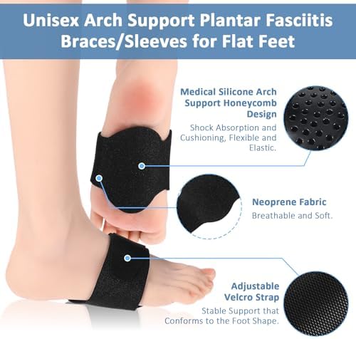 Sibba 1 Pair Arch Support Brace for Plantar Fasciitis Relief Adjustable Honeycomb Design Black Soft Foot Brace with TPE Gel Pads for High Arch Flat Feet High & Fallen Arches Fits All Shoes & Socks