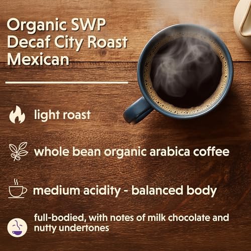 Coffee Bean Direct Organic Swiss Water Process Decaf City Roast Mexican, Whole Bean Coffee, Arabica Coffee, 5 Pound Bag (Pack of 1)