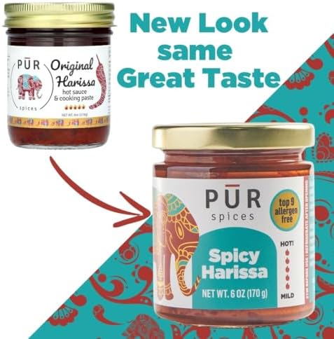 PUR Spices Original Spicy Harissa Paste I Hot Sauce for Cooking and Dipping I Spicy Chili Pepper and Garlic Paste | Middle Eastern Inspired | Plant Based, Gluten Free, No Sugar Added, Preservative and Additive Free I 6oz Jar