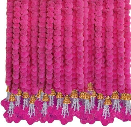 Treeratan 10 Pcs Artificial Marigold Flower Garland with Bells for Decoration – Handmade Genda Phool Toran for Diwali, Wedding, Pooja & Festivals (Pink, 152 cm)