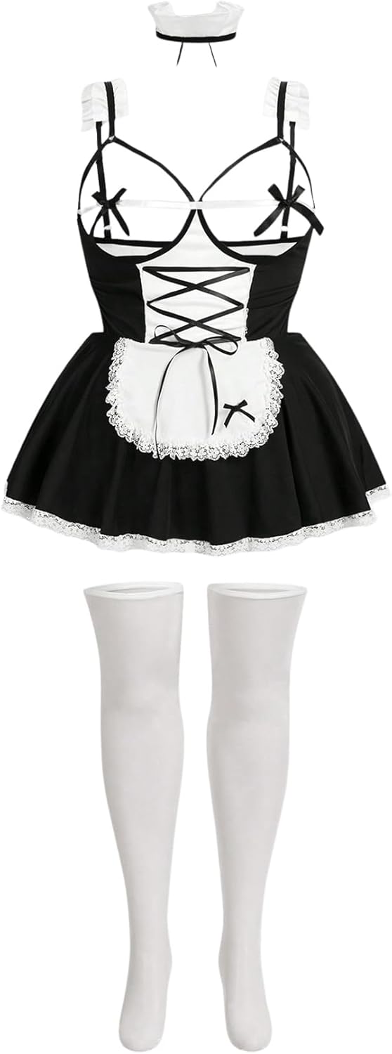 WDIRARA Women's Plus Size 5 Piece Maid Roleplay Lingerie Set Teddy Halloween Costume Hollow Lace Bow Nightdress