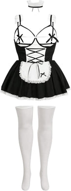 WDIRARA Women's Plus Size 5 Piece Maid Roleplay Lingerie Set Teddy Halloween Costume Hollow Lace Bow Nightdress
