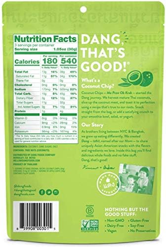 Dang Toasted Coconut Chips Original, Vegan, Gluten Free, Non GMO, Healthy Snacks, Made with Whole Foods, 50% Less Sugar, Resealable Individual Bags, 3.17 oz
