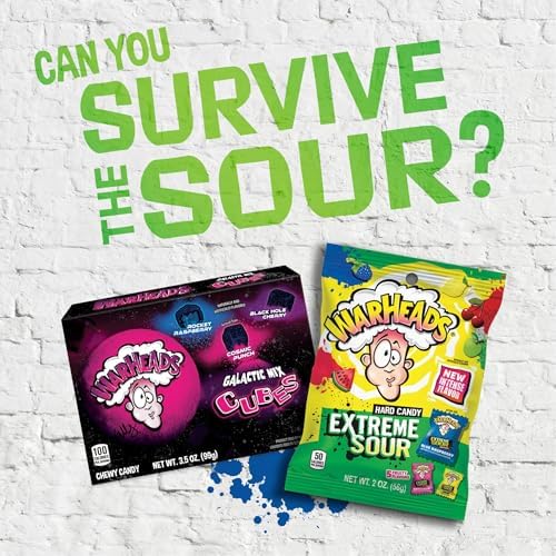 Warheads Extreme Sour Hard Candy, Assorted Flavors 2 OZ Bag | Warheads Galactic Mix Cubes Chewy Candy, 3.5 Ounce Bag