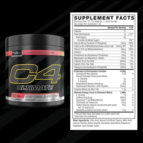 C4 Ultimate Pre Workout Powder Watermelon - Sugar Free Preworkout Energy Supplement for Men & Women - 300mg Caffeine + 3.2g Beta Alanine + 2 Patented Creatines - 20 Servings