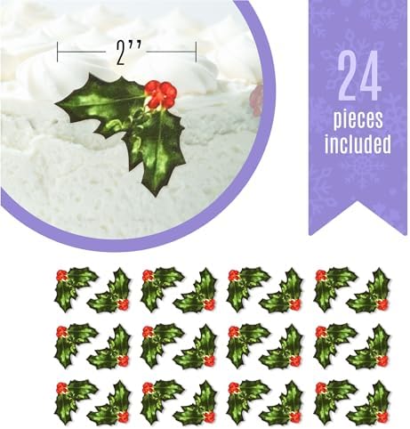 Sugar Robot Holly Leaves Cupcake Toppers - Christmas Cake Decorations Edible - Christmas Cupcake Toppers - Cake Topper - Decoration Made in the USA - Premium Crafted - 24 Pcs Pack