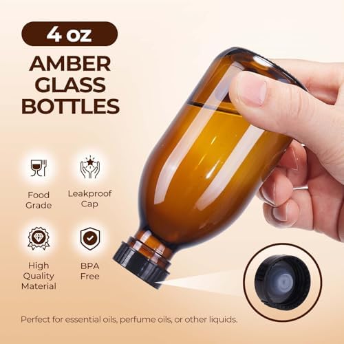 6 Pack 4 oz Amber Glass Bottle with Lids, Small Glass Bottles Empty Containers for Homemade Vanilla Extract, Essential Oils, Juice, Potion, Syrup, Liquids, Christmas, Holiday Gift
