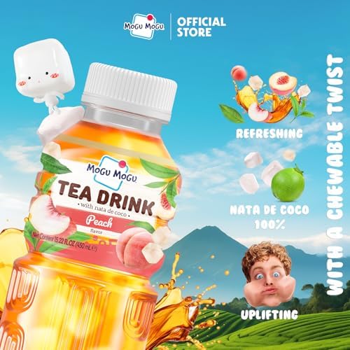 Mogu Mogu Peach Iced Tea with Nata de Coco (Coconut Jelly) – Chewy Bubble Tea Alternative, Refreshing Drink, 6 Pack Bottles, 15.3 fl oz Each