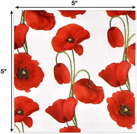 Poppy Cocktail Napkins 100 Pack, Floral 3 Ply Disposable Beverage Napkins for Spring Summer Garden Tea Party Wedding Decor