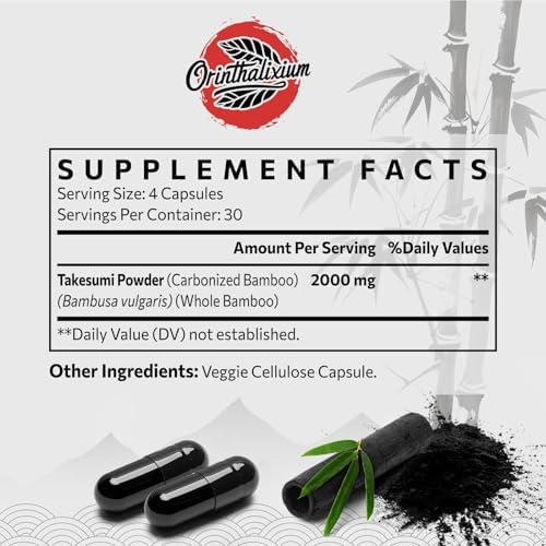 Orinthalixium Takesumi Activated Charcoal 2000mg – Activated Charcoal from Bamboo for Max Absorption, Detox & Gut, 120 Vegan Capsules