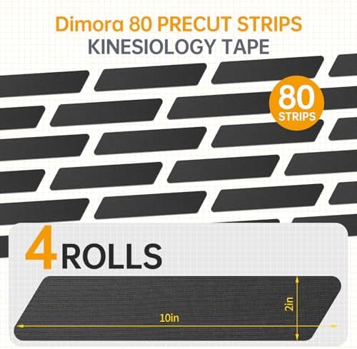 Dimora Kinesiology Tape, 80 Count Precut Strips 4 Rolls, Original Cotton, 10” Elastic Athletic Tape for Muscle Pain Relief and Joint Support, Black