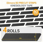 Dimora Kinesiology Tape, 80 Count Precut Strips 4 Rolls, Original Cotton, 10” Elastic Athletic Tape for Muscle Pain Relief and Joint Support, Black