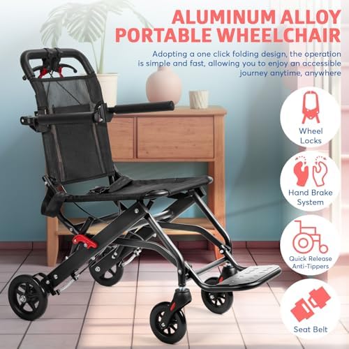 Ultra-Lightweight Folding Wheelchair, 8.2KG Carbon Steel Transport Chair with Ergonomic Handbrake, PU Wheels & Safety Strap for Seniors, Travel, Indoor Outdoor Use (Black)