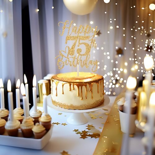 Happy 75th Birthday Cake Topper, 75th Birthday Cake Decorations, Cheers to 75 Years, 75 and Fabulous, 75th Birthday Party Decorations Gold Glitter