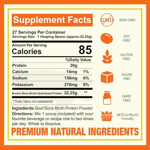 Zammex Pure Grass Fed Beef Bone Broth Protein Powder, 20g Protein, Hydrolyzed Collagen Supplement for Healthy Skin, Nails, Hair, Joints, Non-GMO, Gluten Free, Paleo & Keto Friendly, Great in Soup